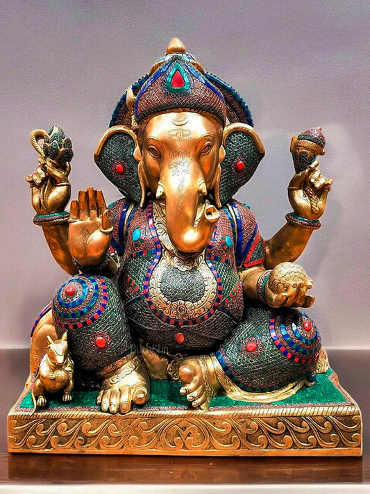 Majestic Pure Brass Ganesha Sculpture with Meenakari Stonework - 85kg, 33in Height - Budhshiv.com