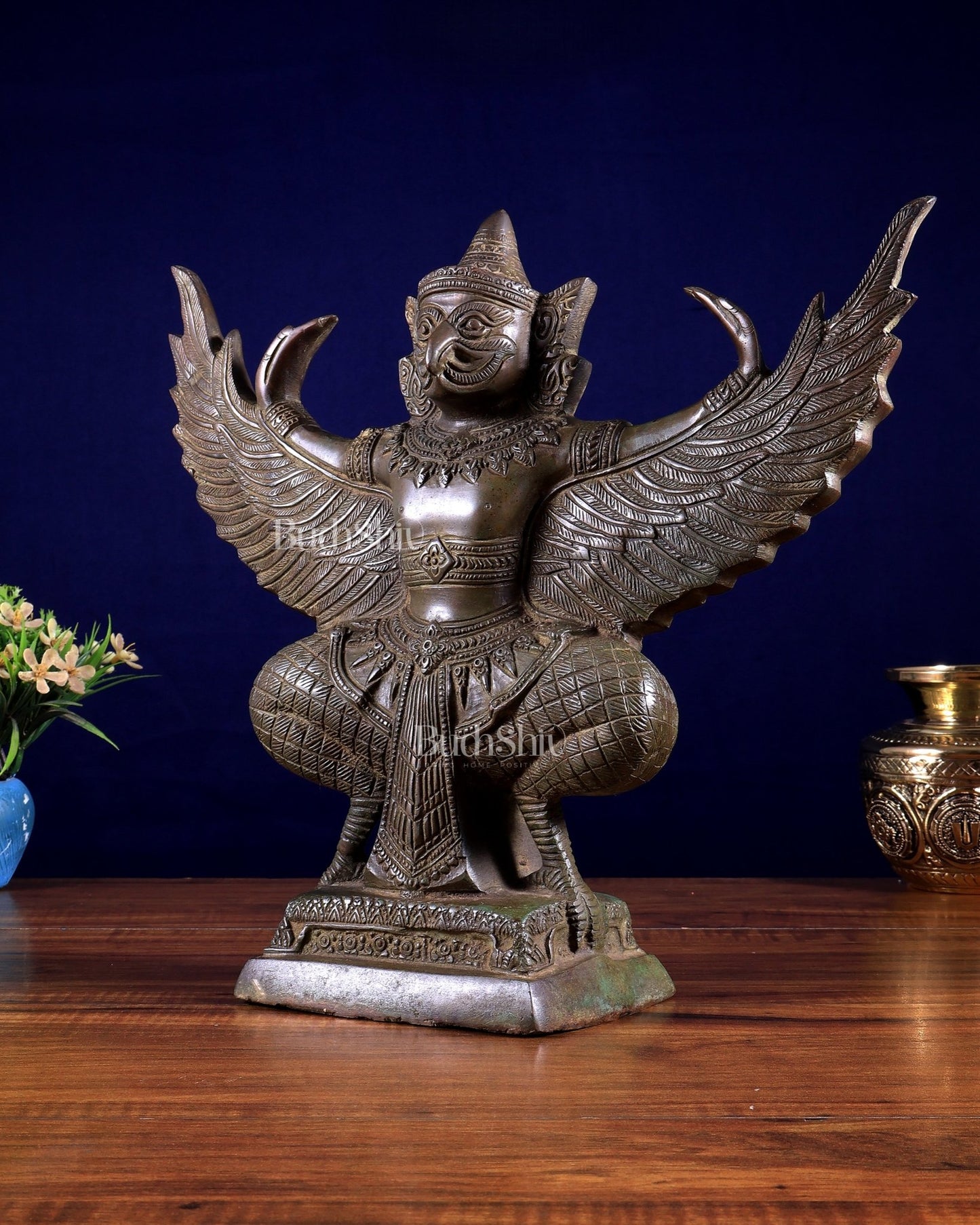 Majestic Pure Brass Garuda with Open Wings – 14" vintage bronze patina - Budhshiv.com