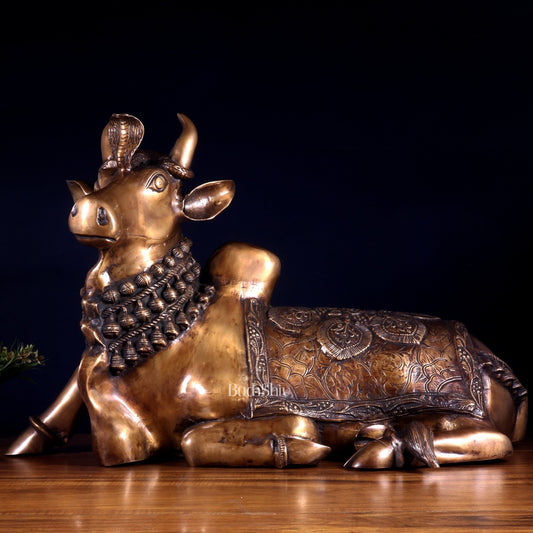 Majestic Pure Brass Nandi Statue with Vasuki 25" - Budhshiv.com