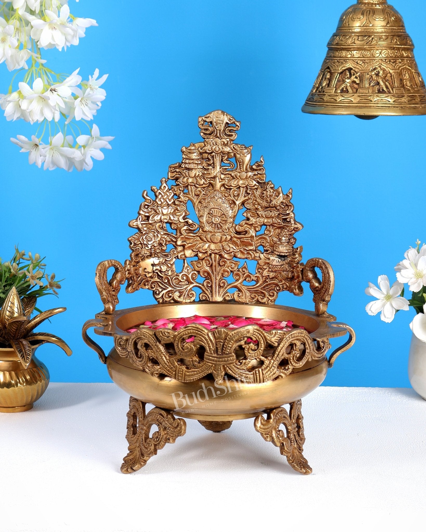Majestic Pure Brass Urli Bowl | Height: 11.5 inch - Budhshiv.com