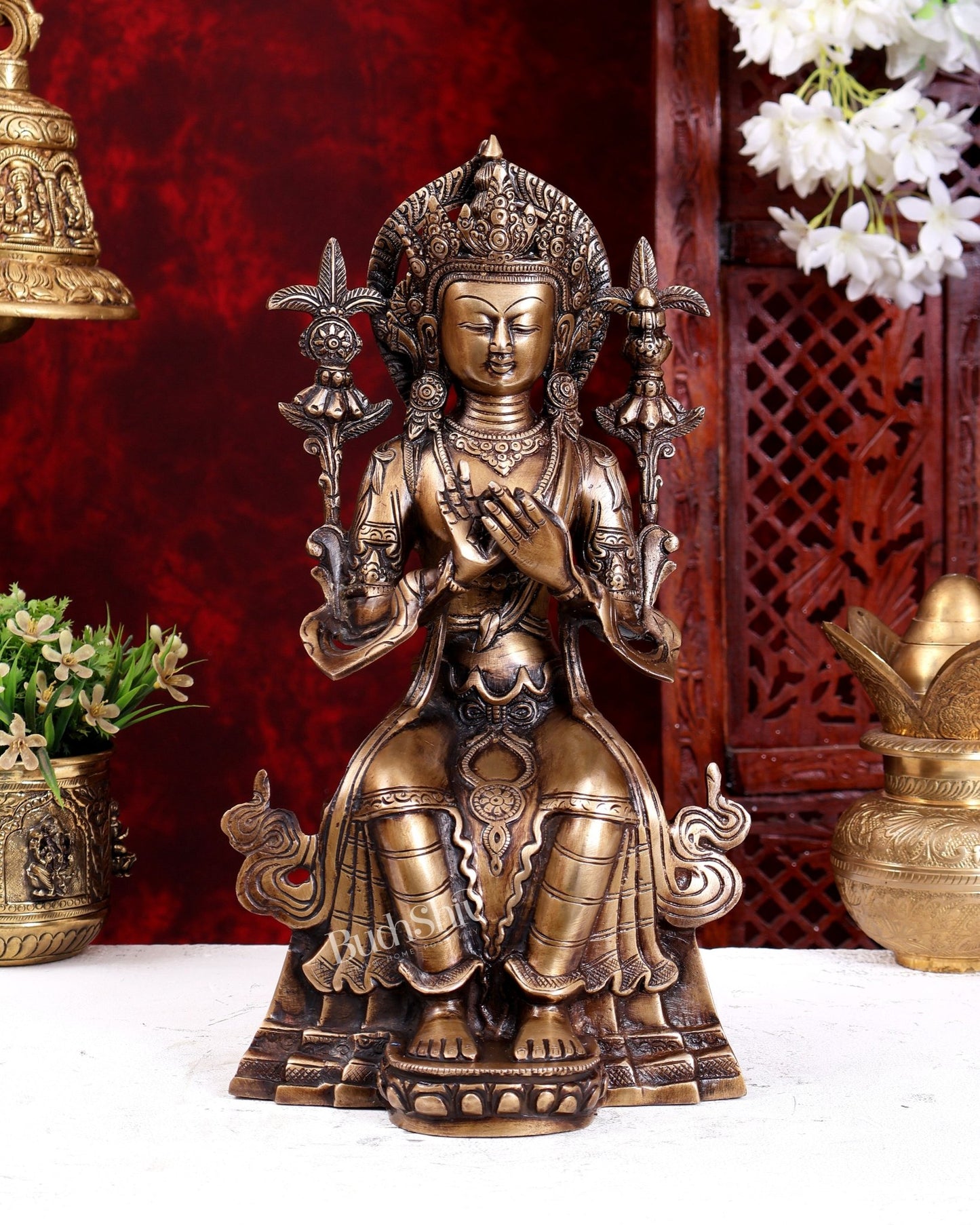 Majestic Tibetan Brass Maitreya Buddha Sculpture – The Future Buddha 14 inch - Budhshiv.com
