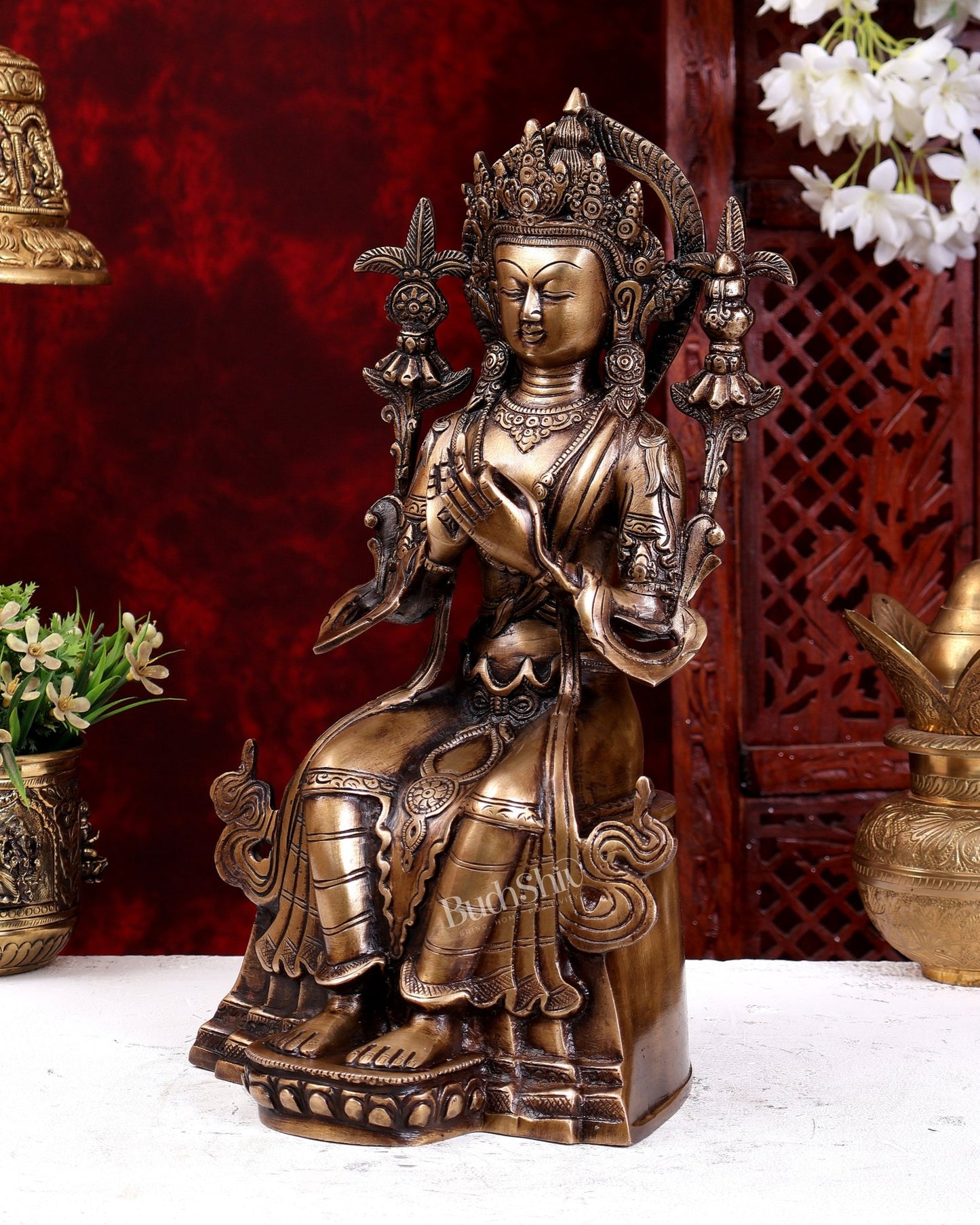 Majestic Tibetan Brass Maitreya Buddha Sculpture – The Future Buddha 14 inch - Budhshiv.com