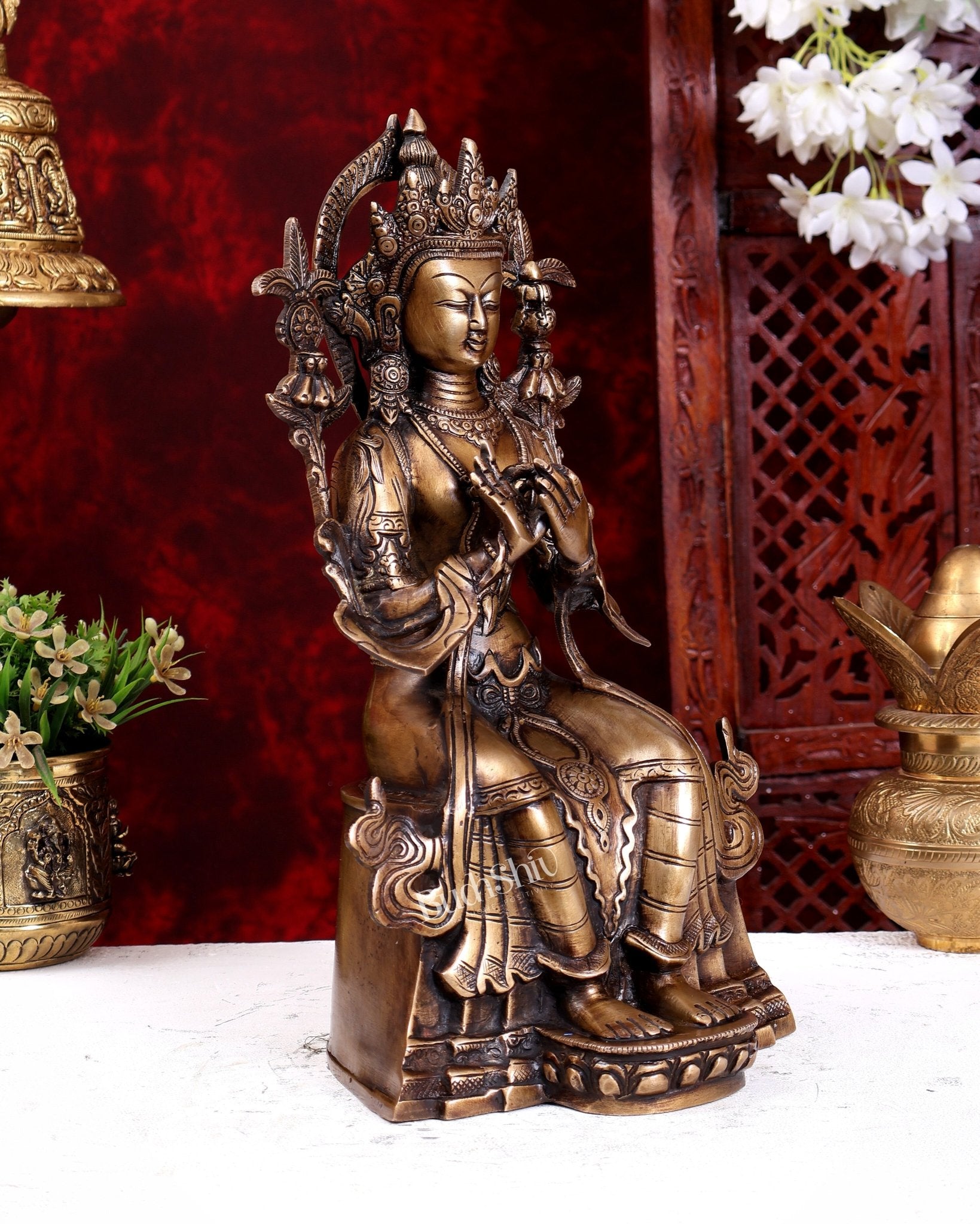 Majestic Tibetan Brass Maitreya Buddha Sculpture – The Future Buddha 14 inch - Budhshiv.com
