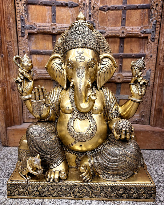Massive Large Ganesha Sculpture — Life-Size, Matte Gold Tone 33 inch tall, 85 kg. - Budhshiv.com