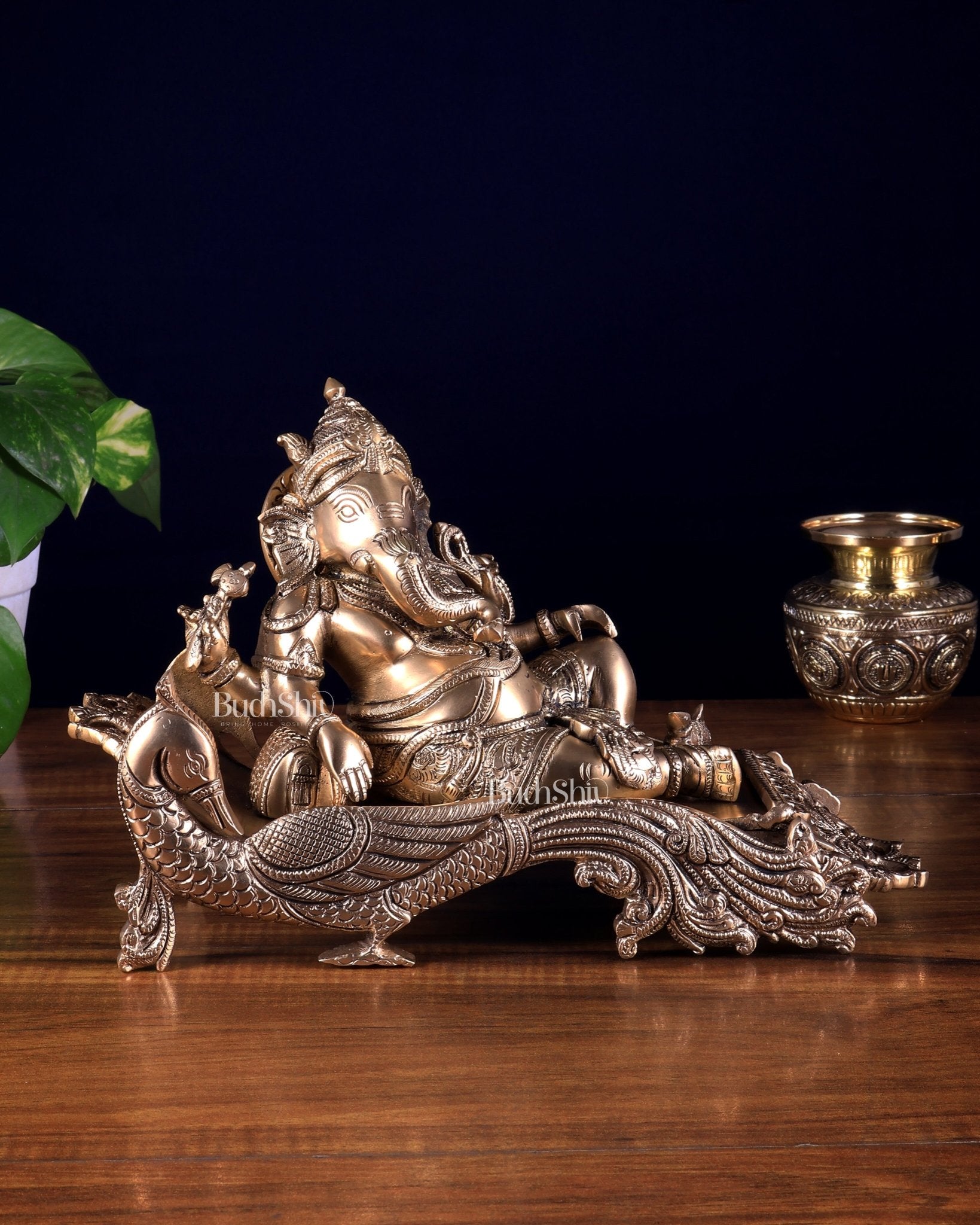 Matte gold Brass Lord Ganesha Statue on Peacock Throne – 11.5" enhanced carvings - Budhshiv.com