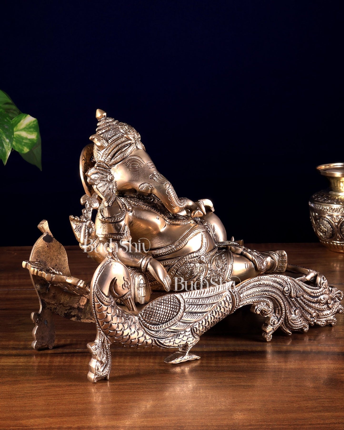 Matte gold Brass Lord Ganesha Statue on Peacock Throne – 11.5" enhanced carvings - Budhshiv.com