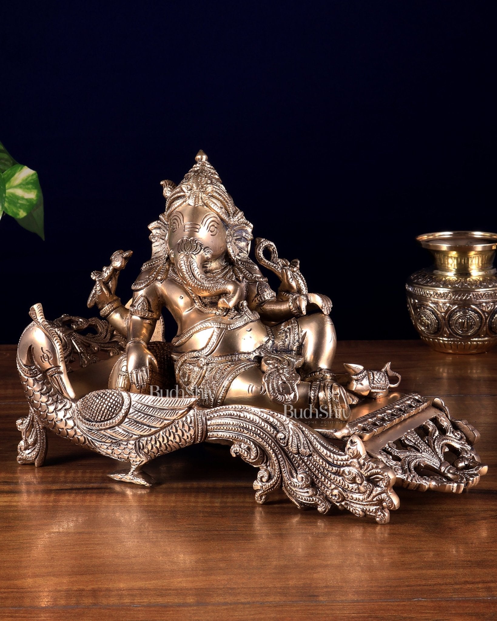Matte gold Brass Lord Ganesha Statue on Peacock Throne – 11.5" enhanced carvings - Budhshiv.com