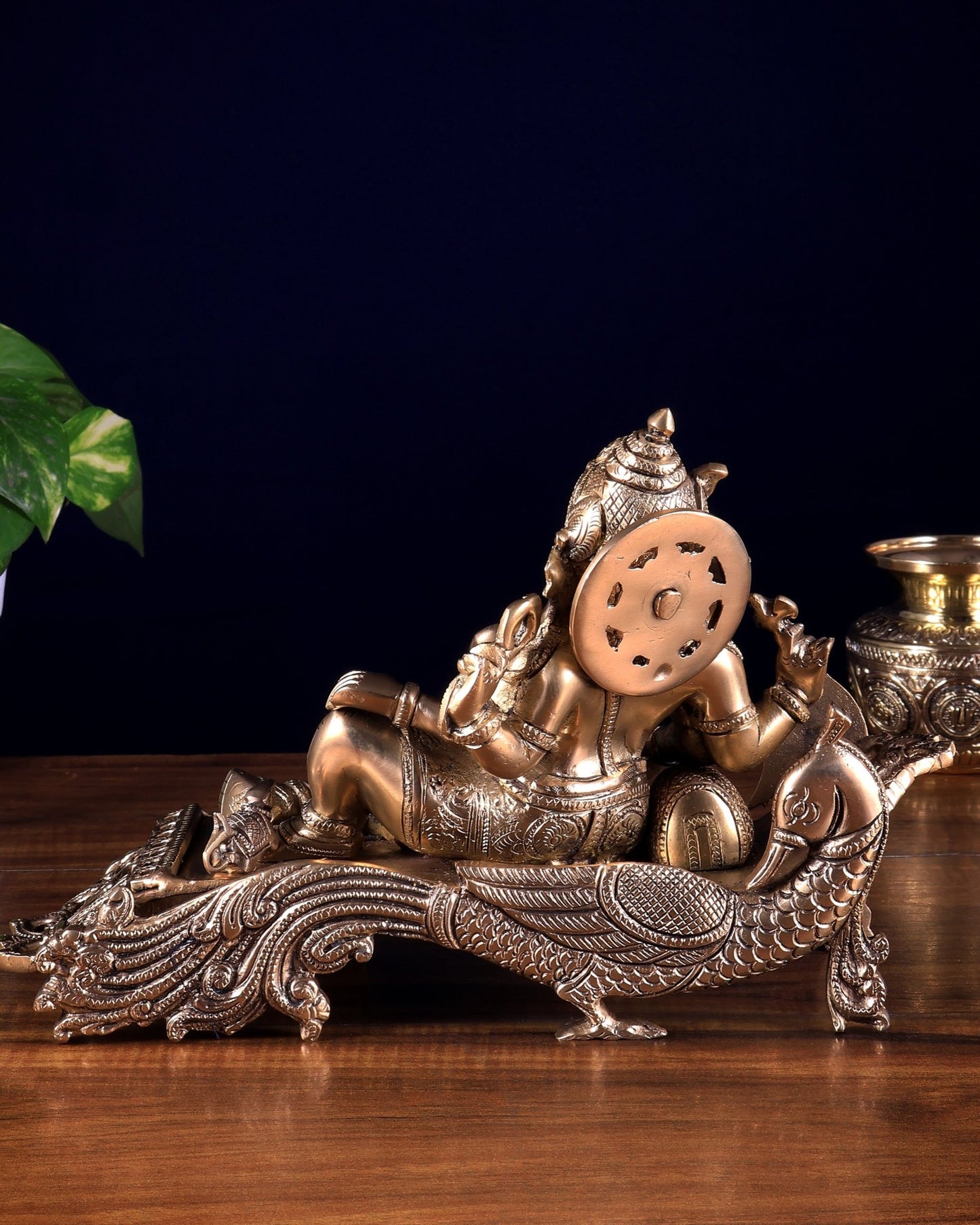 Matte gold Brass Lord Ganesha Statue on Peacock Throne – 11.5" enhanced carvings - Budhshiv.com