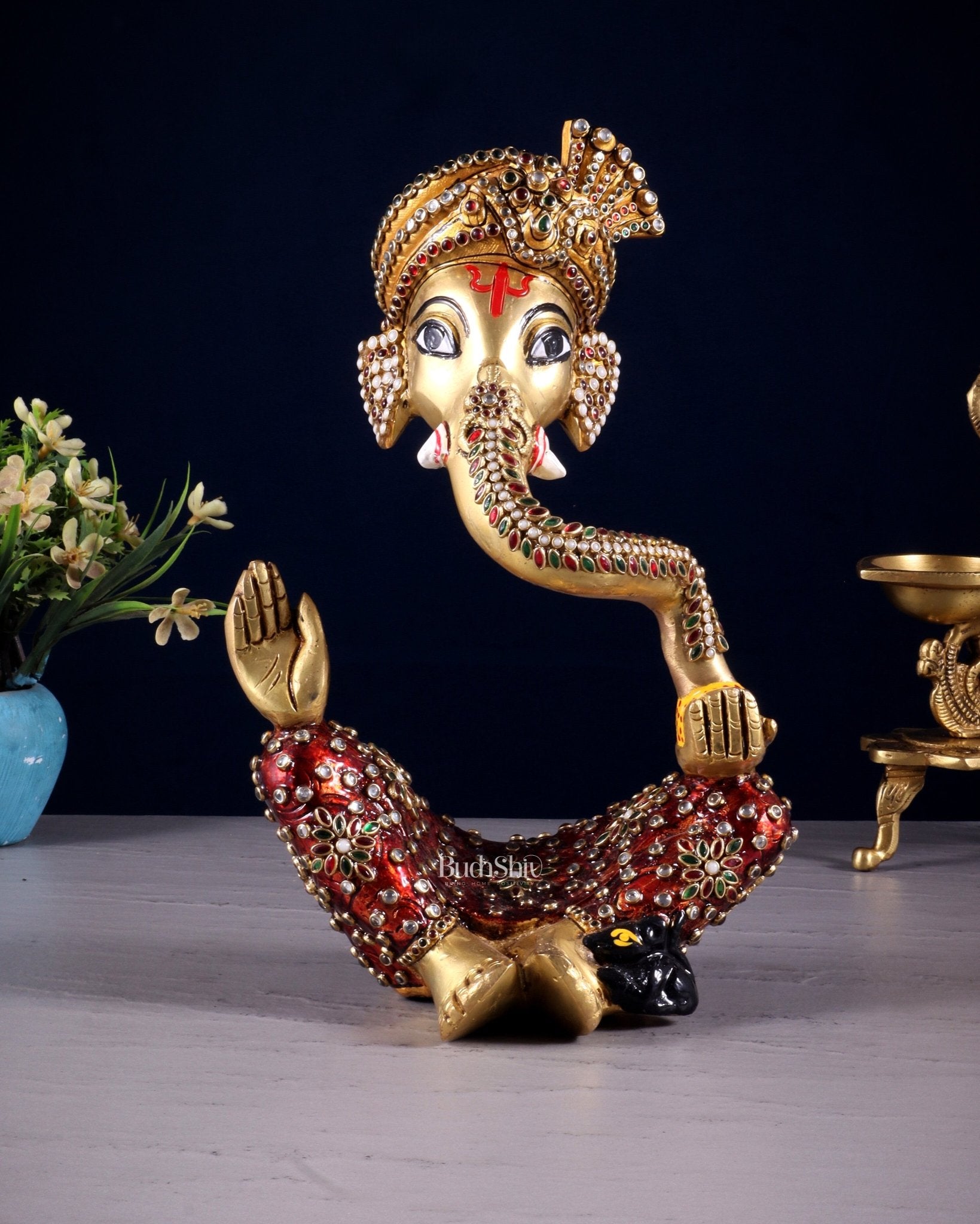 Modern Abstract Pagdi Ganesha Idol – Brass Sculpture with Laakh Meenakari & Turban Design - Budhshiv.com