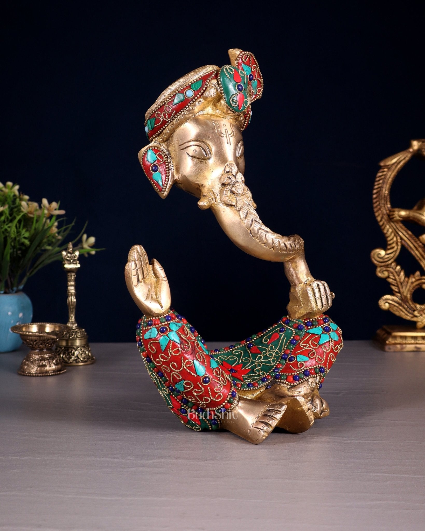 Modern Brass Ganesha abstract statue with floral stonework - Budhshiv.com