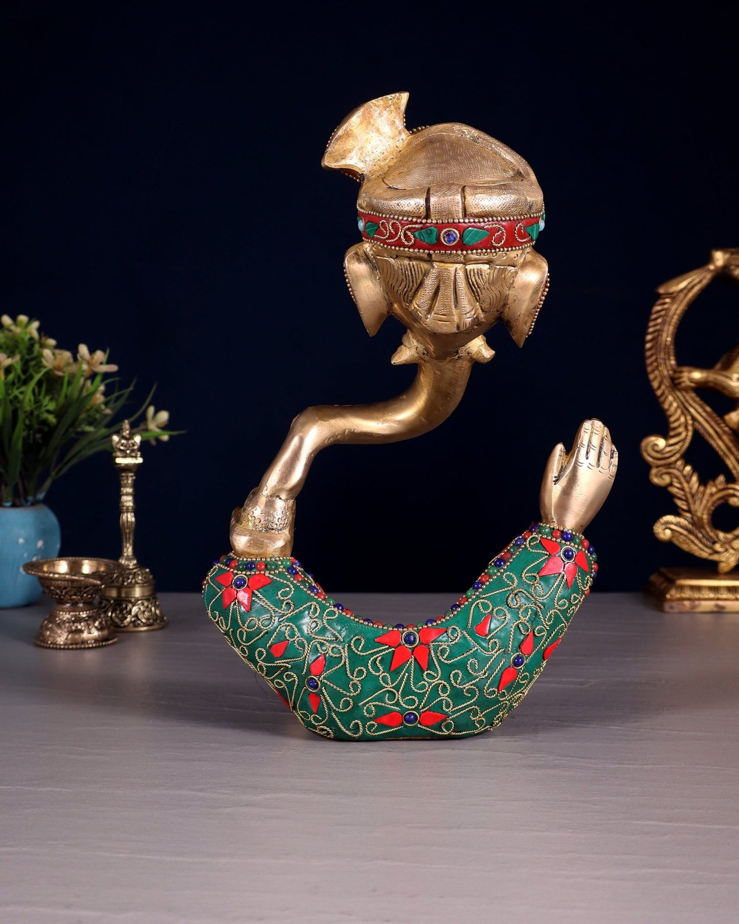 Modern Brass Ganesha abstract statue with floral stonework - Budhshiv.com