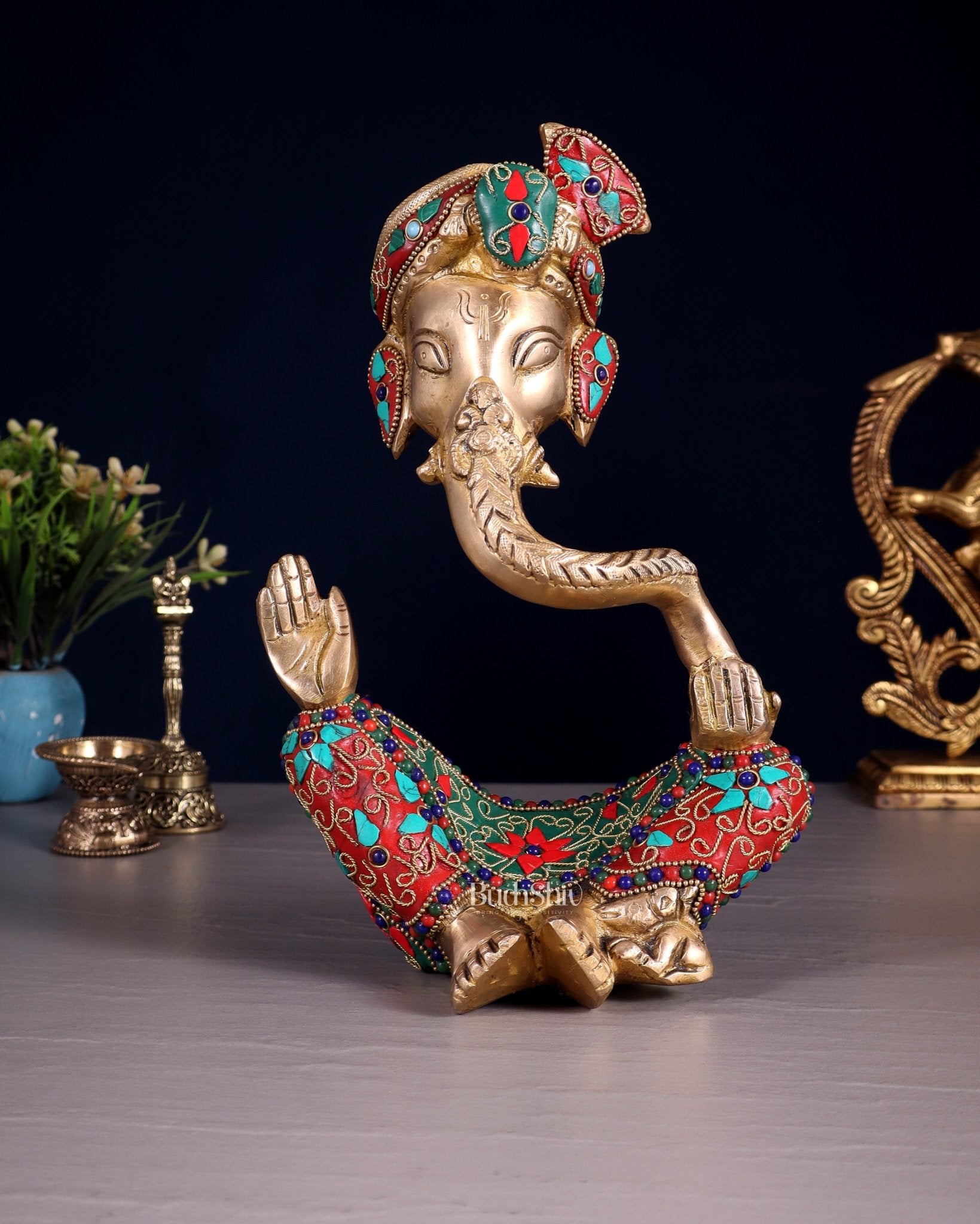Modern Brass Ganesha abstract statue with floral stonework - Budhshiv.com