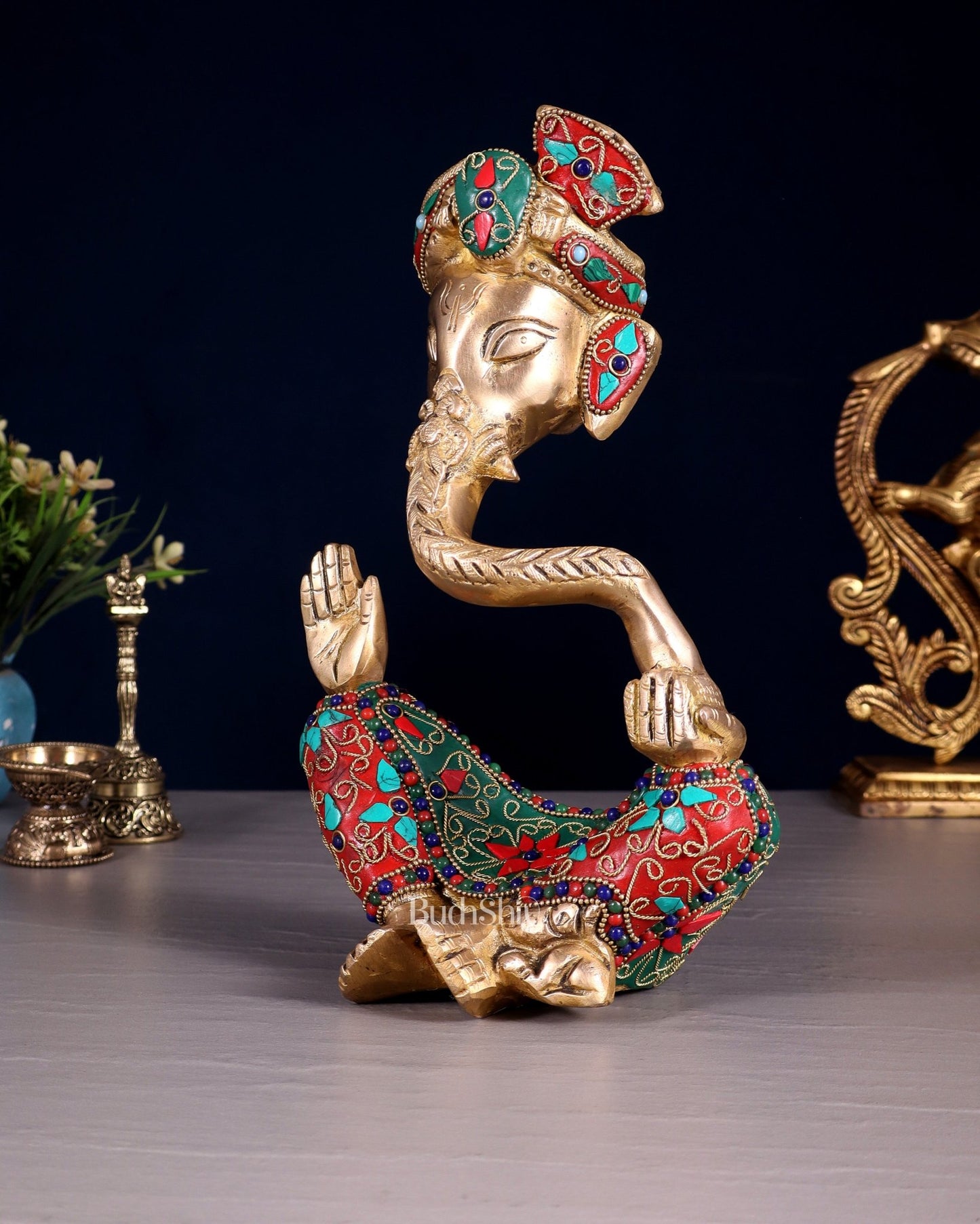 Modern Brass Ganesha abstract statue with floral stonework - Budhshiv.com