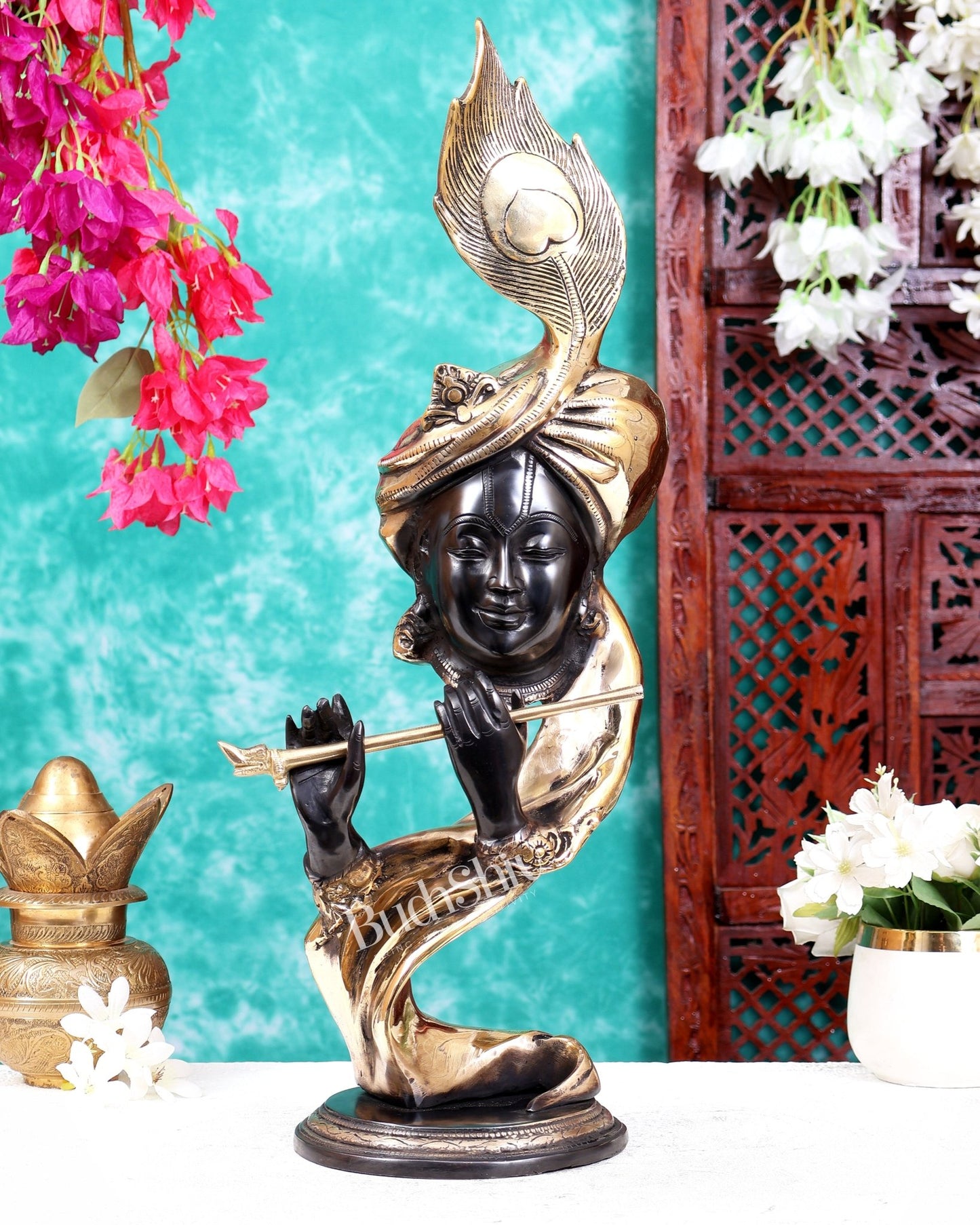 Modern Krishna Brass Idol Showpiece 20 inch black tone - Budhshiv.com