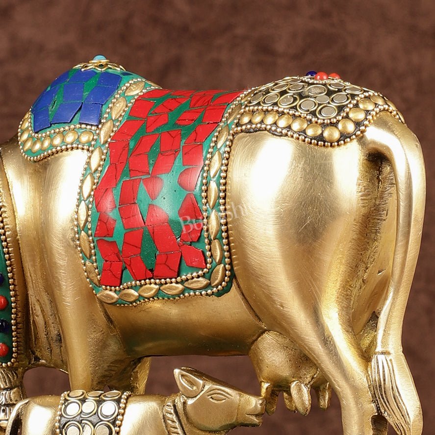Multi - Colour Brass Kamadhenu Cow with Calf Idol | 8.5 inch - Budhshiv.com