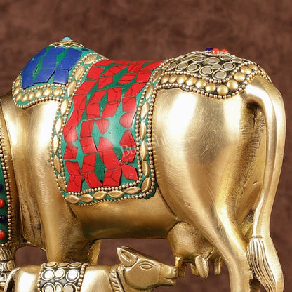 Multi - Colour Brass Kamadhenu Cow with Calf Idol | 8.5 inch - Budhshiv.com