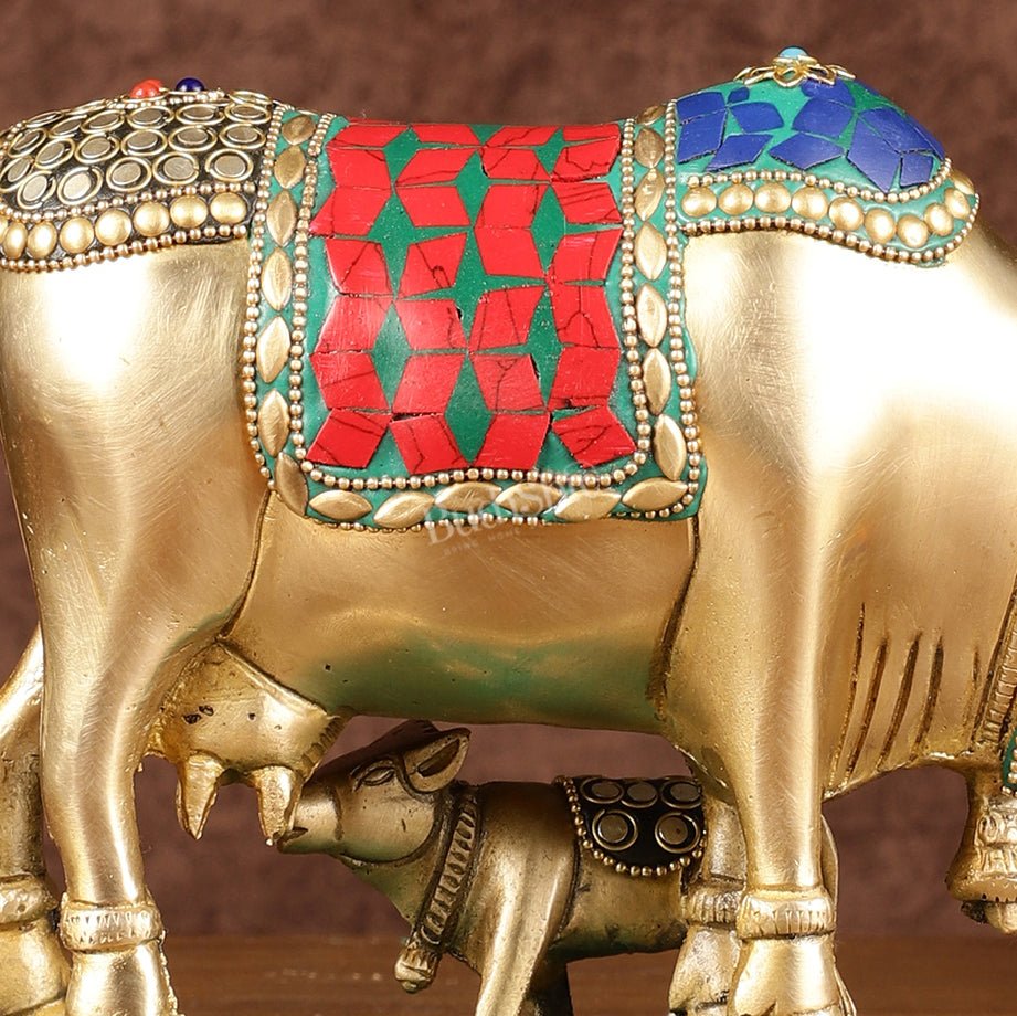Multi - Colour Brass Kamadhenu Cow with Calf Idol | 8.5 inch - Budhshiv.com