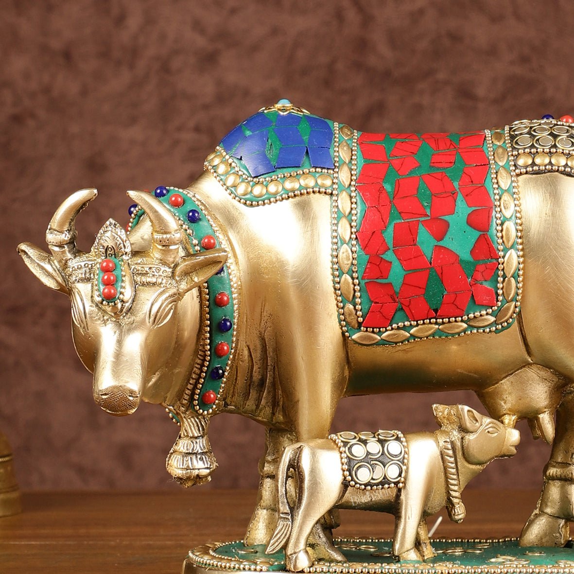 Multi - Colour Brass Kamadhenu Cow with Calf Idol | 8.5 inch - Budhshiv.com