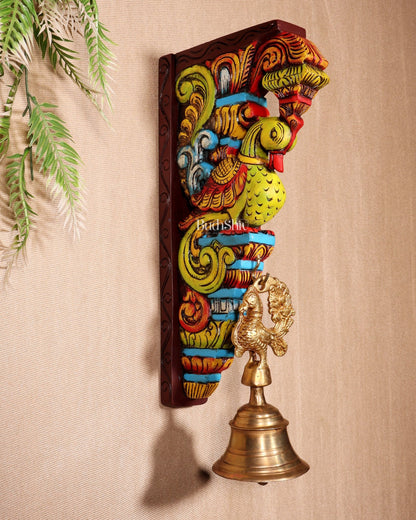 Multicolour Handcrafted Wooden Peacock Wall Bracket 14.5" - Budhshiv.com