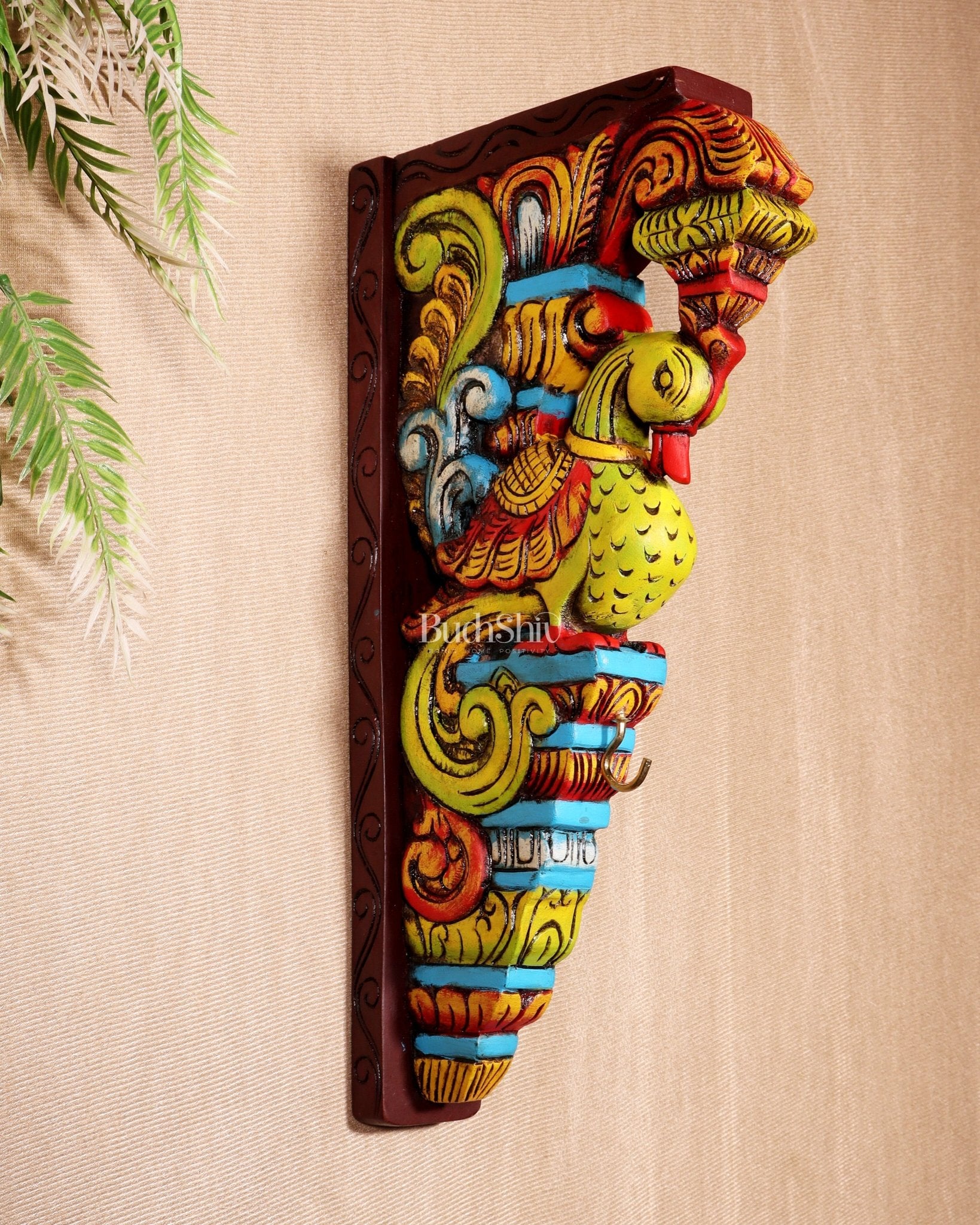Multicolour Handcrafted Wooden Peacock Wall Bracket 14.5" - Budhshiv.com