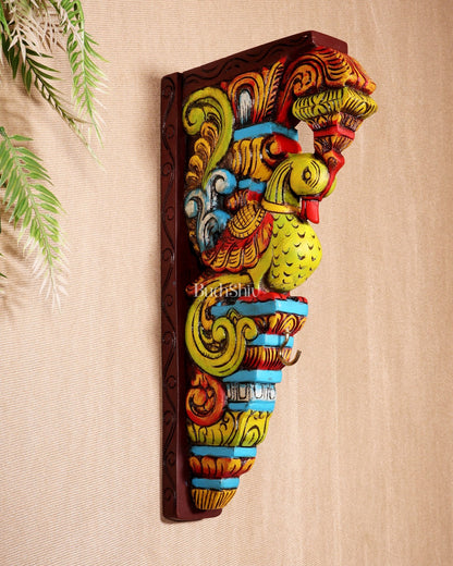 Multicolour Handcrafted Wooden Peacock Wall Bracket 14.5" - Budhshiv.com