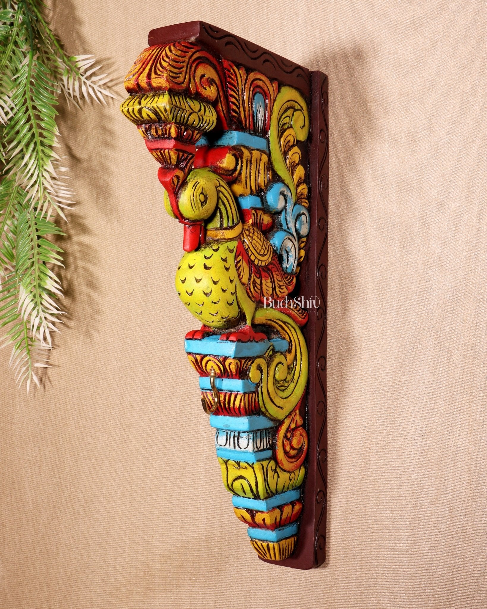 Multicolour Handcrafted Wooden Peacock Wall Bracket 14.5" - Budhshiv.com