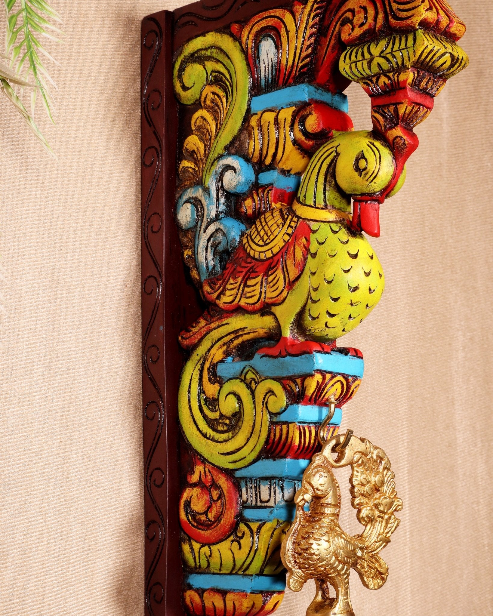 Multicolour Handcrafted Wooden Peacock Wall Bracket 14.5" - Budhshiv.com