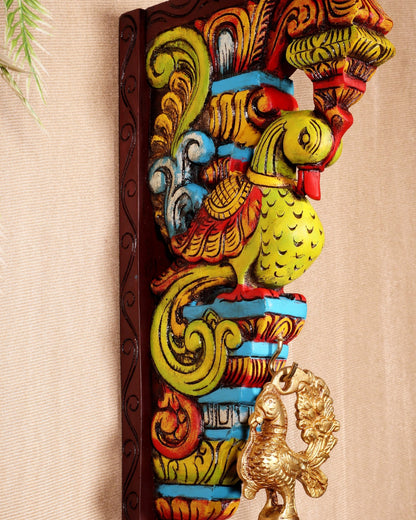 Multicolour Handcrafted Wooden Peacock Wall Bracket 14.5" - Budhshiv.com