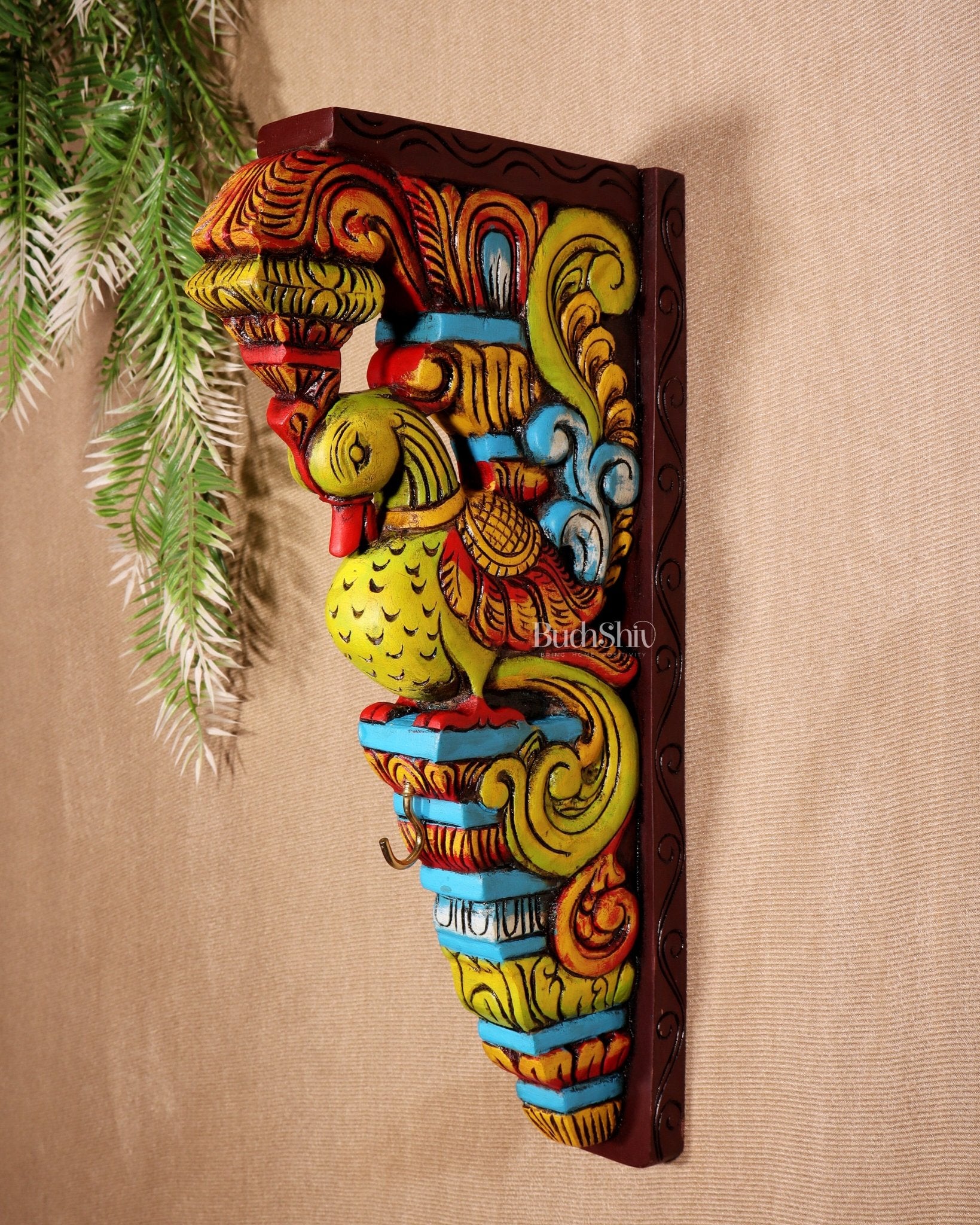 Multicolour Handcrafted Wooden Peacock Wall Bracket 14.5" - Budhshiv.com