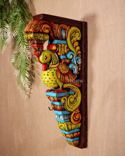 Multicolour Handcrafted Wooden Peacock Wall Bracket 14.5" - Budhshiv.com