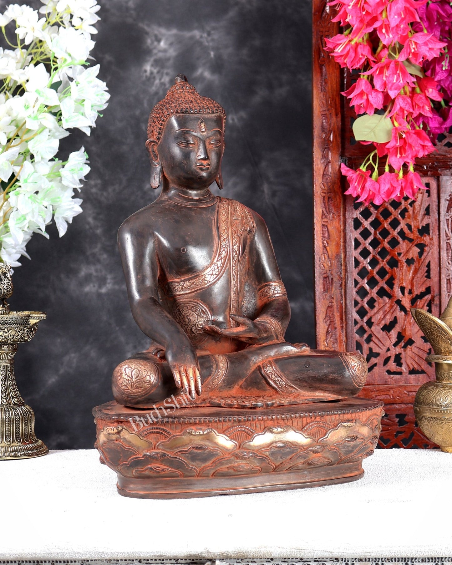 Nepalese Brass Buddha Statue in Three-Tone Black, Red & Silver Patina – Bhumisparsha Mudra Handcrafted Sculpture 16 inch - Budhshiv.com
