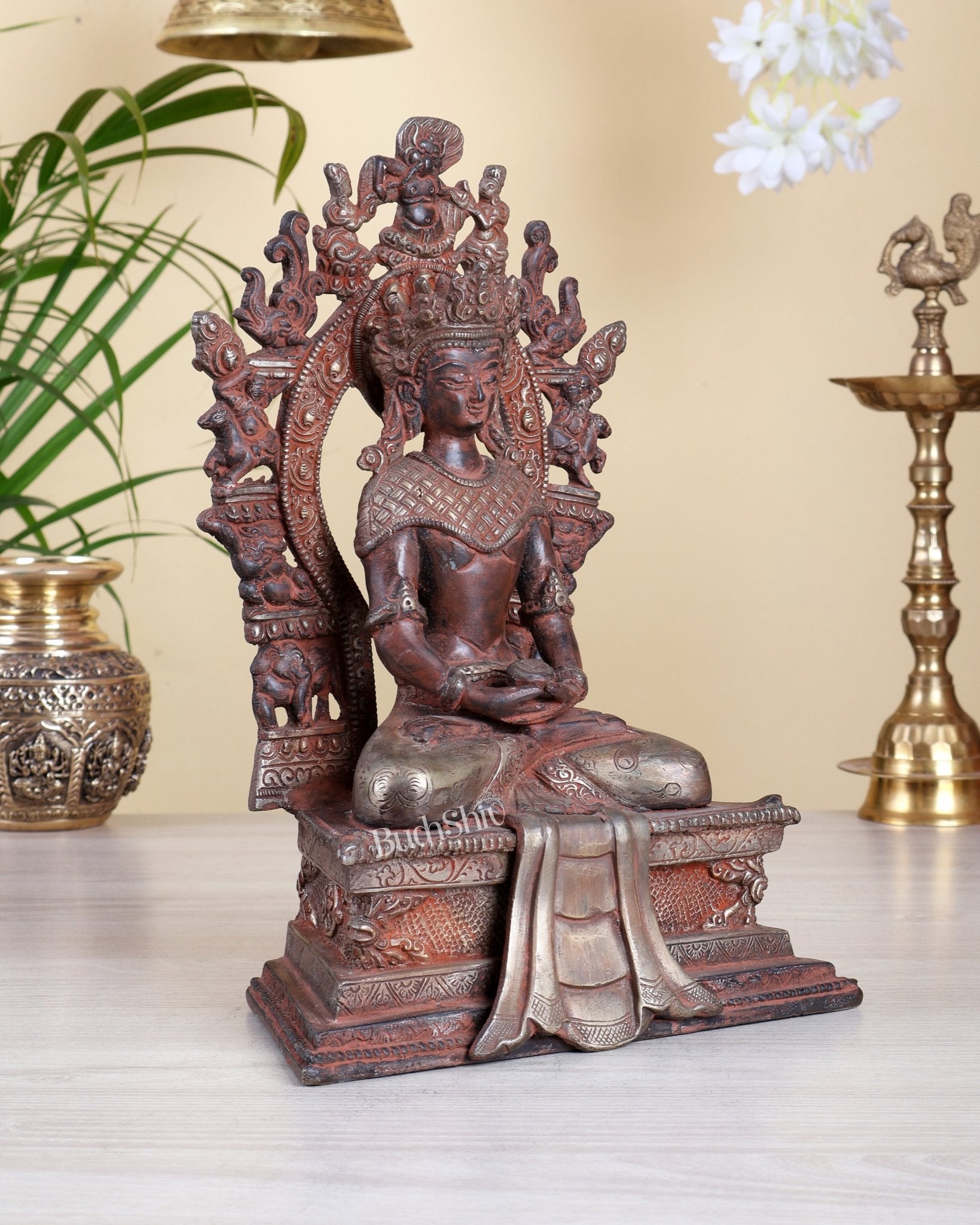 Nepalese Maitreya Buddha Statue – Super Red Silver Antique Tone | 11.5 Inch Future Buddha Décor - Budhshiv.com