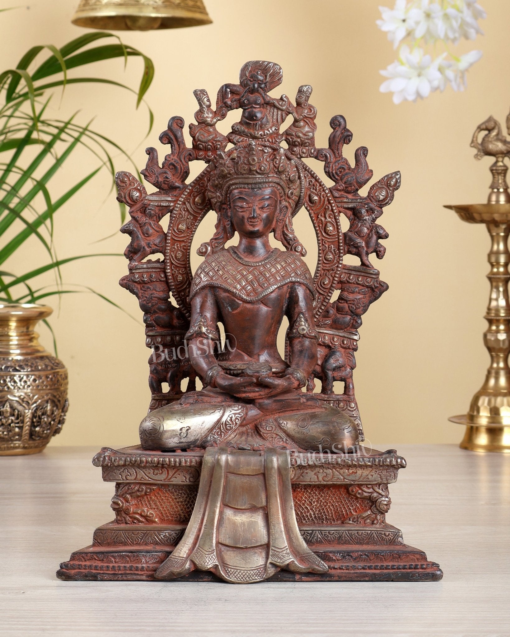 Nepalese Maitreya Buddha Statue – Super Red Silver Antique Tone | 11.5 Inch Future Buddha Décor - Budhshiv.com