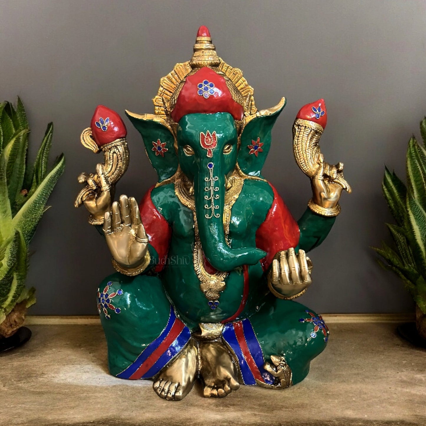 Nepalese Meenakari Stonework on Brass Ganesha Statue - 20 Inch - Budhshiv.com