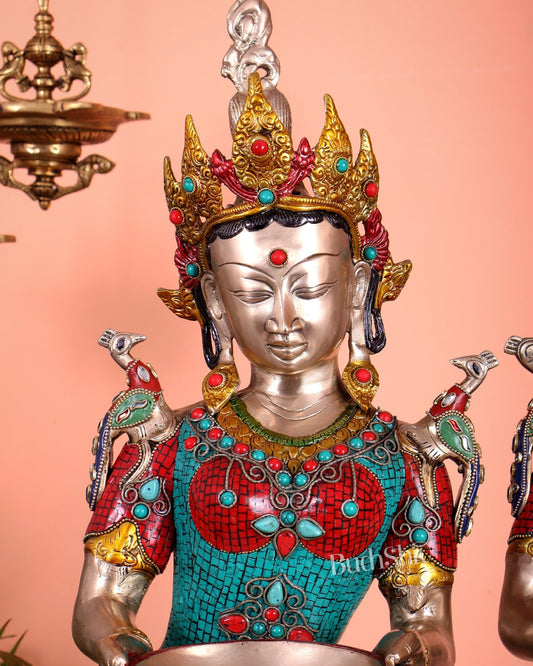 Pair of Brass Deep Lady Welcome Lady Statues – Entrance Decor | 30.5" with Nepalese Stonework - Budhshiv.com