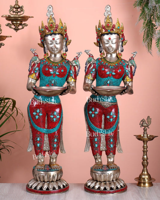 Pair of Brass Deep Lady Welcome Lady Statues – Entrance Decor | 30.5" with Nepalese Stonework - Budhshiv.com