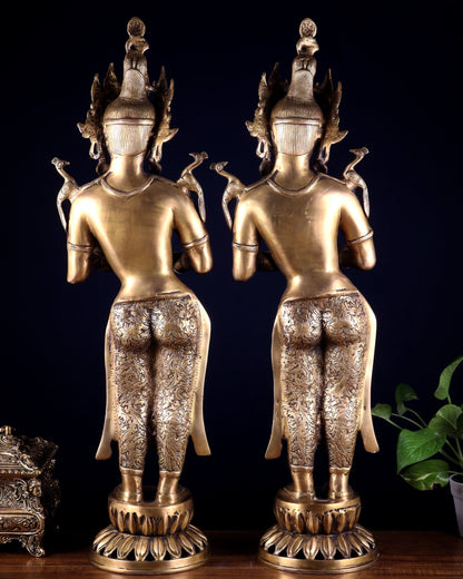 Pair of Brass Deep Lady Welcome Lady Statues – Entrance Decor | 30.5" - Budhshiv.com