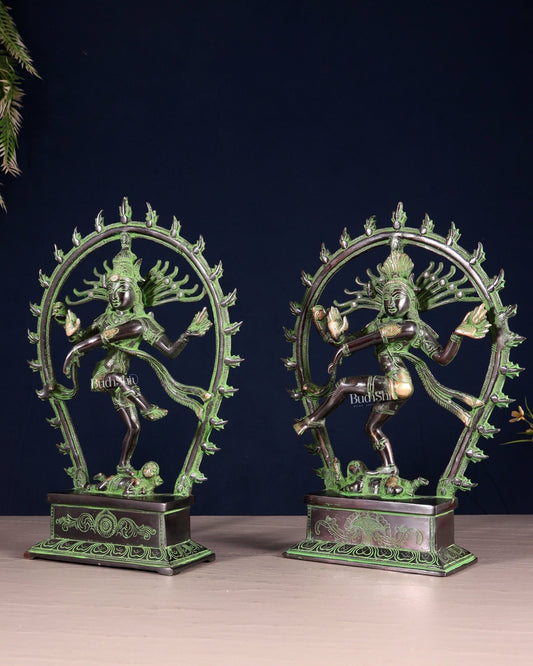 Pair of Brass Nataraja Statues – Black & Green Patina Tone (Mirror Image Set) 12" - Budhshiv.com