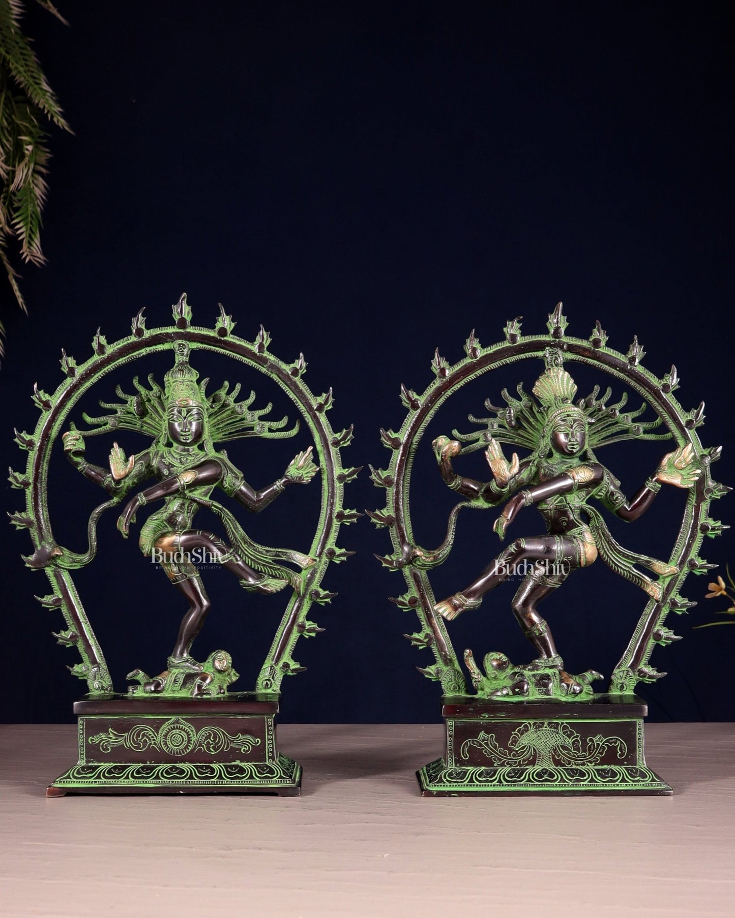 Pair of Brass Nataraja Statues – Black & Green Patina Tone (Mirror Image Set) 12" - Budhshiv.com