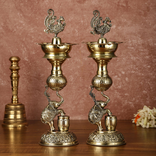Pair of Brass Superfine Jumping Elephant Peacock Lamps - Intricately Handcrafted - 11.5" Tall - Budhshiv.com