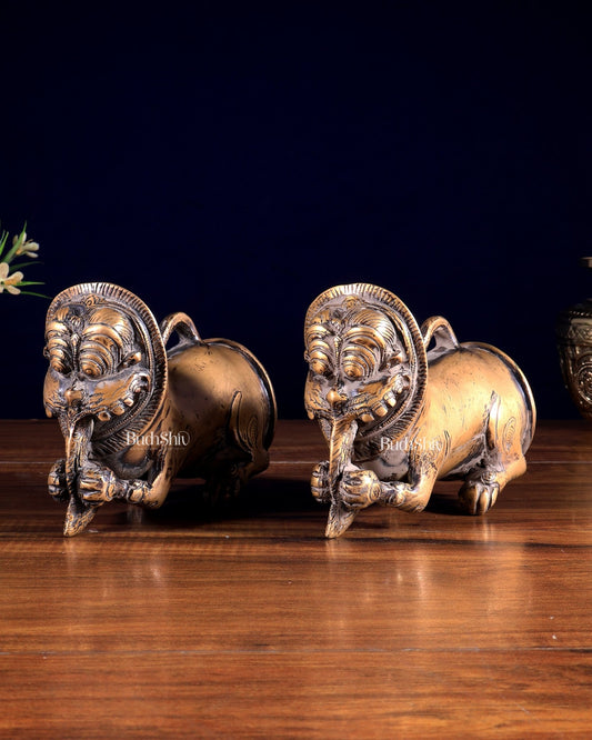 Pair of Brass Vintage Finish Palanquin Kirtimukha | Rare Temple Yali Finials - Budhshiv.com