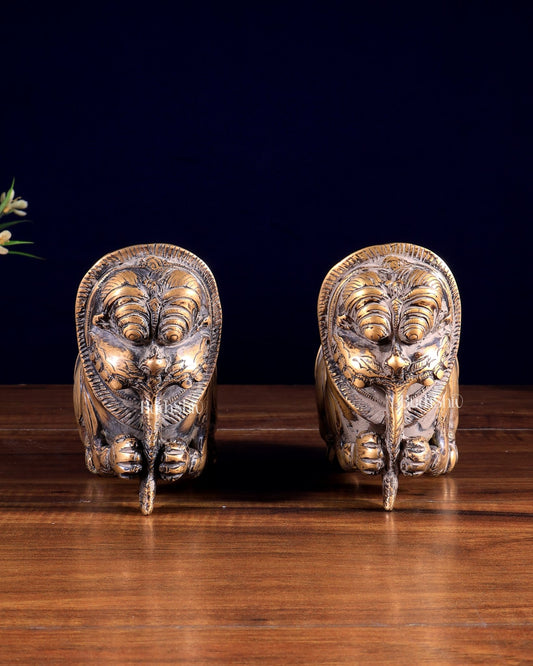 Pair of Brass Vintage Finish Palanquin Kirtimukha | Rare Temple Yali Finials - Budhshiv.com