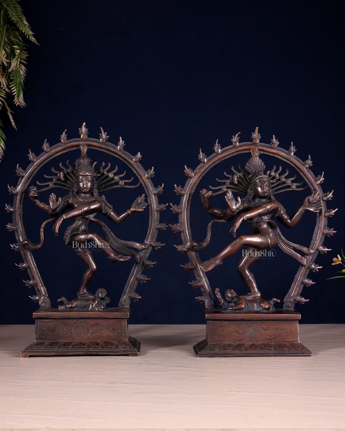 Pair of Chola Style Brass Nataraja Statues – Vintage Tone (Mirror Image Set) 12" - Budhshiv.com