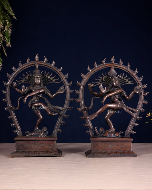 Pair of Chola Style Brass Nataraja Statues – Vintage Tone (Mirror Image Set) 12" - Budhshiv.com