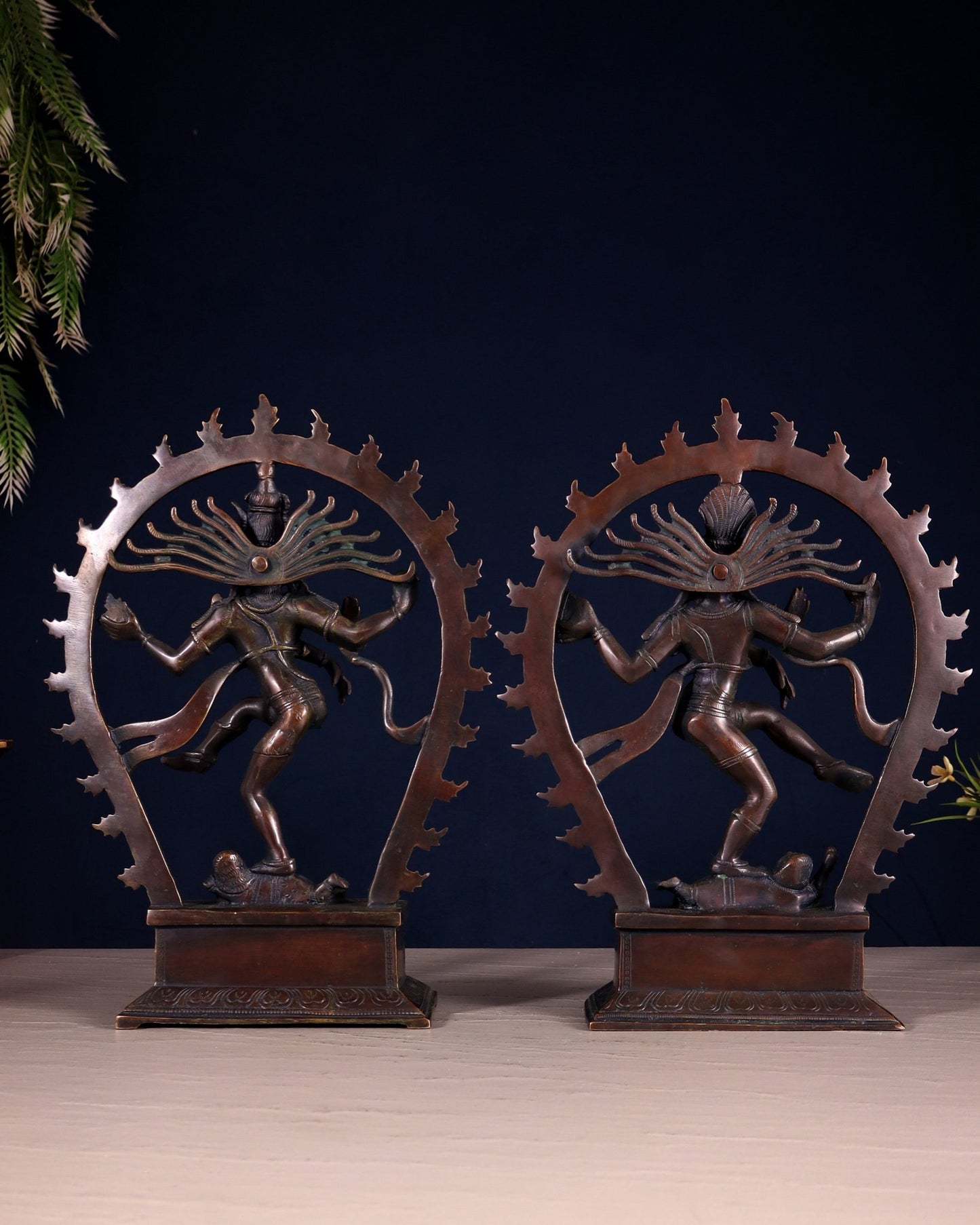 Pair of Chola Style Brass Nataraja Statues – Vintage Tone (Mirror Image Set) 12" - Budhshiv.com