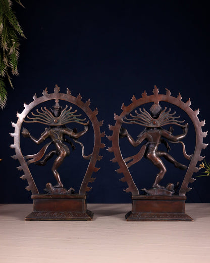 Pair of Chola Style Brass Nataraja Statues – Vintage Tone (Mirror Image Set) 12" - Budhshiv.com
