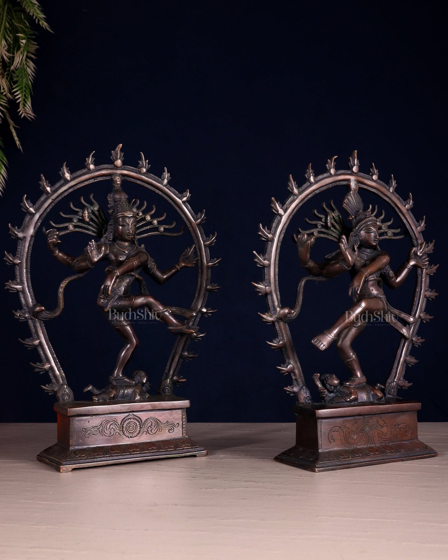 Pair of Chola Style Brass Nataraja Statues – Vintage Tone (Mirror Image Set) 12" - Budhshiv.com