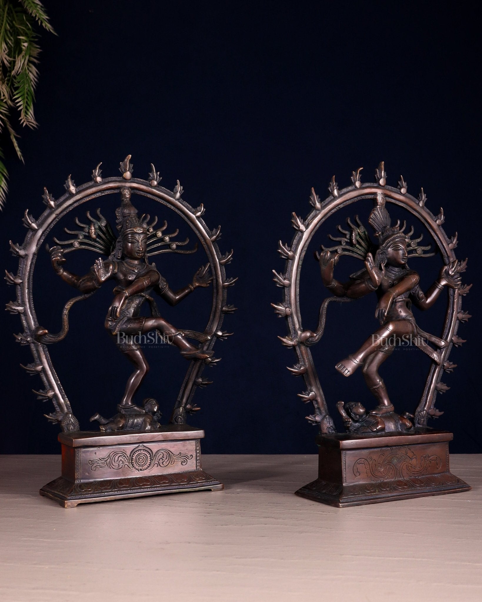 Pair of Chola Style Brass Nataraja Statues – Vintage Tone (Mirror Image Set) 12" - Budhshiv.com