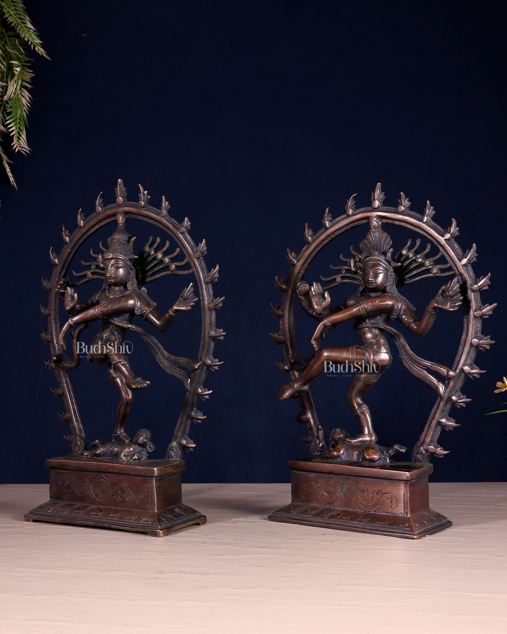 Pair of Chola Style Brass Nataraja Statues – Vintage Tone (Mirror Image Set) 12" - Budhshiv.com