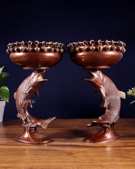 Pair of Designer Brass Jumping Dolphin Urli Bowls with Ghungroos | Festive Décor & Auspicious Gifting - Budhshiv.com